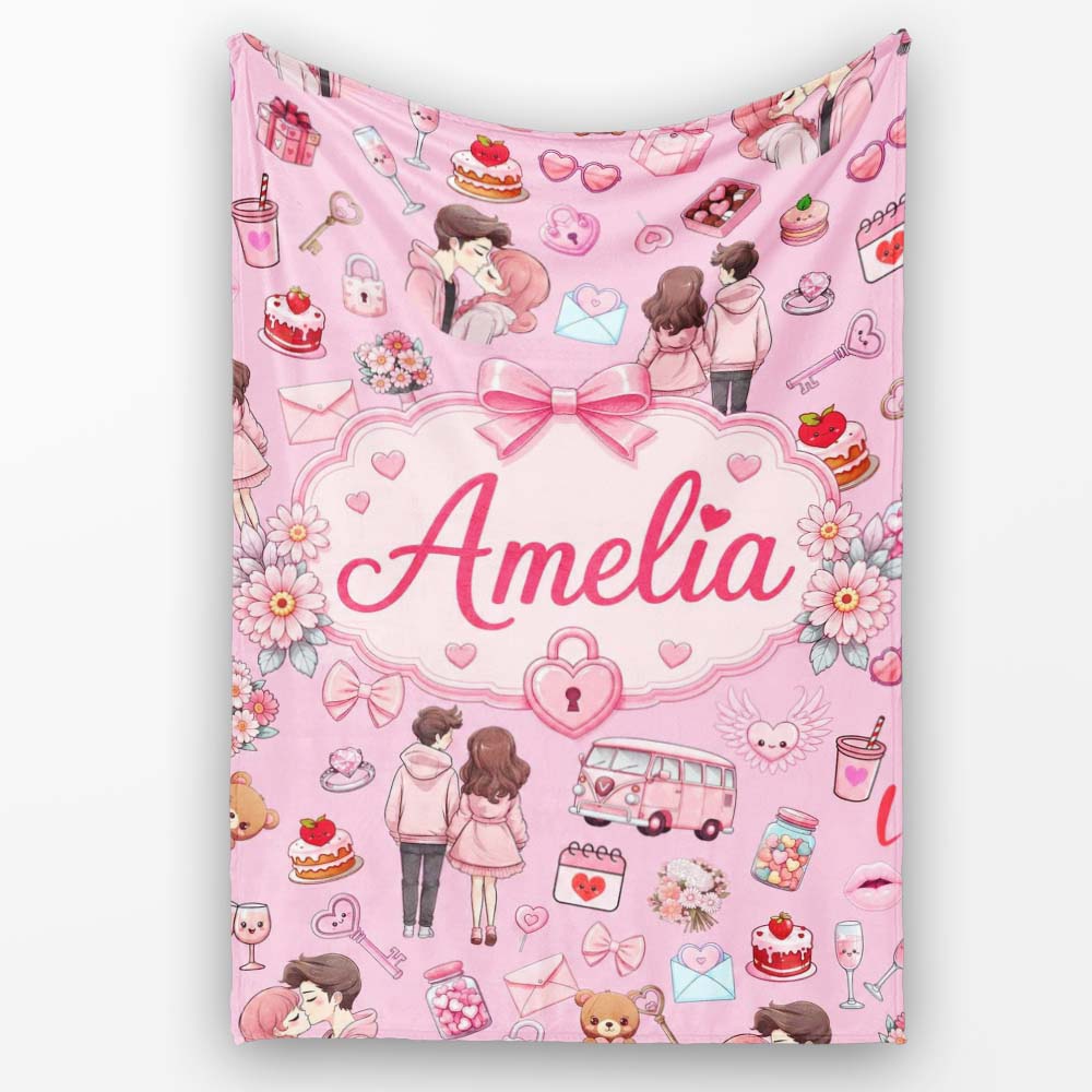 Cute Love Couple Gifts Cakes Teddy Bear Seamless Pattern Pink Lovely Personalised Custom Name Super Soft Fleece Blanket Bed Sofa Throw
