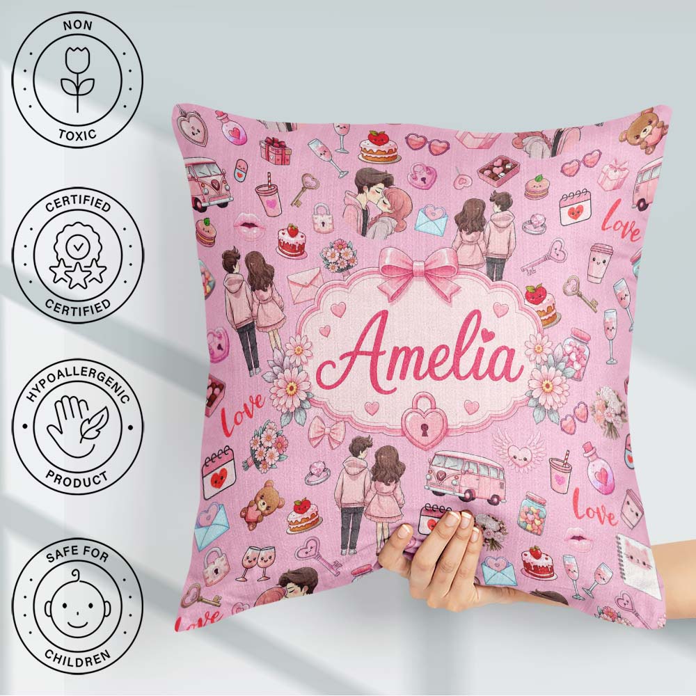 Custom Name Couple Gifts Cakes Teddy Bear Seamless Pattern Pink Square Filled Cushion Throw Pillow Sofa Bed Home Decor Zip Washable UK Made
