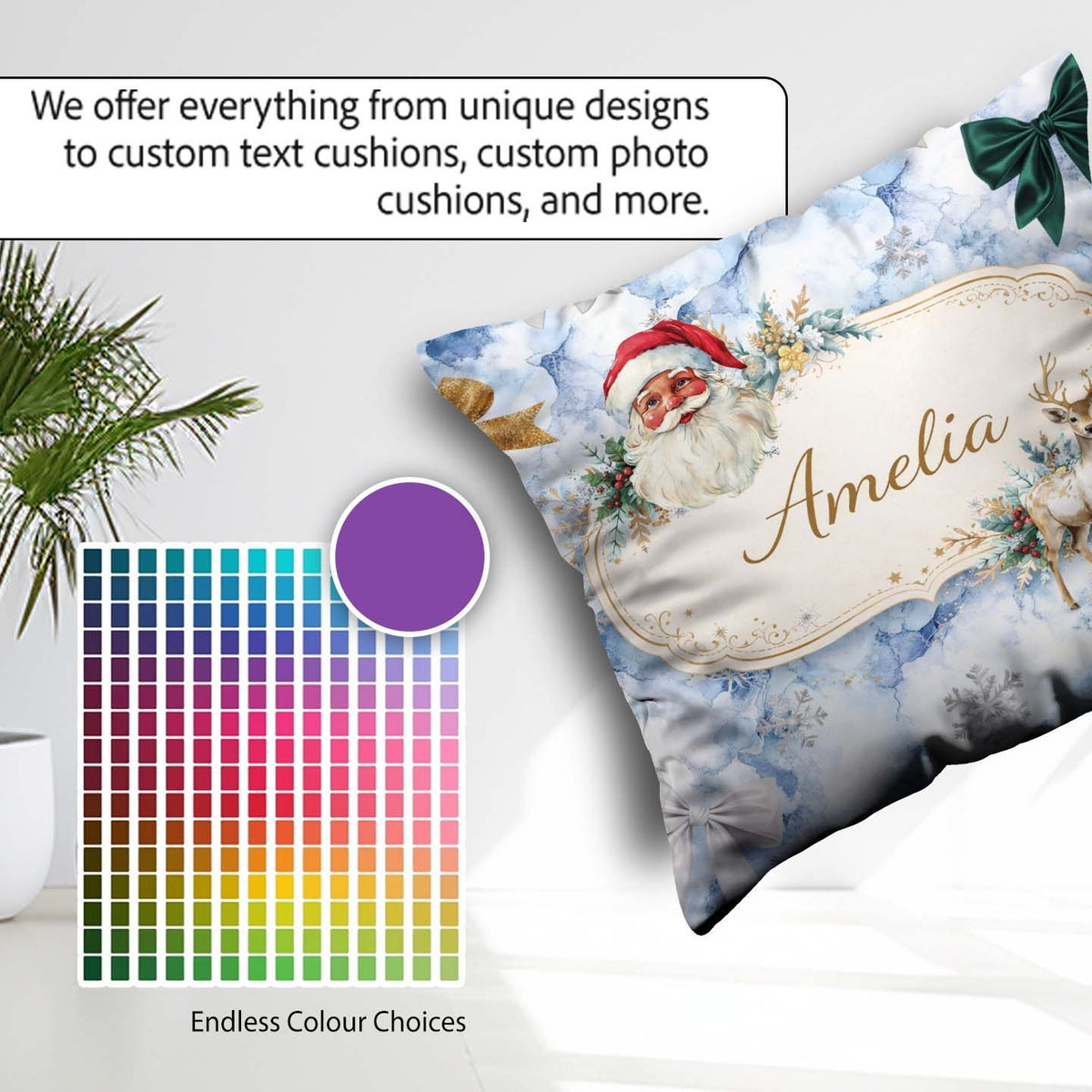 Custom Name Christmas Santa Reindeer Snowflake Festive Seamless Square Filled Cushion Throw Pillow Sofa Bed Home Decor Zip Washable UK Made