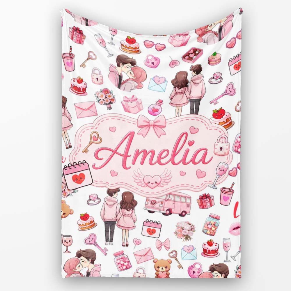Cute Love Couple Gifts Cakes Teddy Bear Pattern Light Grey Lovely Personalised Custom Name Super Soft Fleece Blanket Bed Sofa Throw
