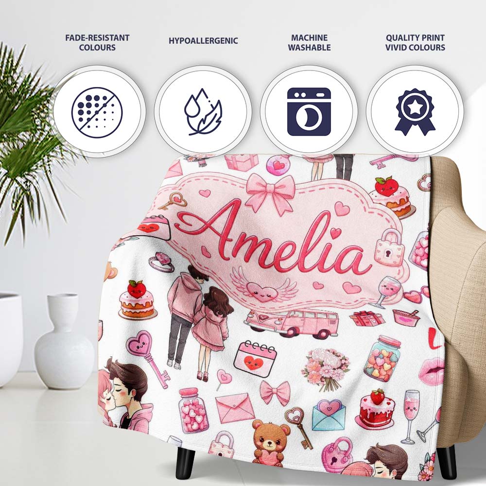 Cute Love Couple Gifts Cakes Teddy Bear Pattern Light Grey Lovely Personalised Custom Name Super Soft Fleece Blanket Bed Sofa Throw