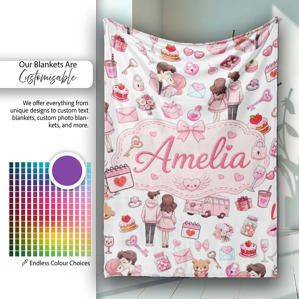 Cute Love Couple Gifts Cakes Teddy Bear Pattern Light Grey Lovely Personalised Custom Name Super Soft Fleece Blanket Bed Sofa Throw