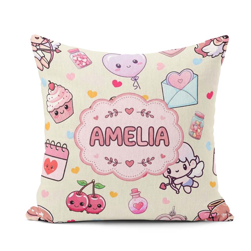 Custom Name Cupid Angels Hearts Sweets Balloon Elements Pattern Square Filled Cushion Throw Pillow Sofa Bed Home Decor Zip Washable UK Made