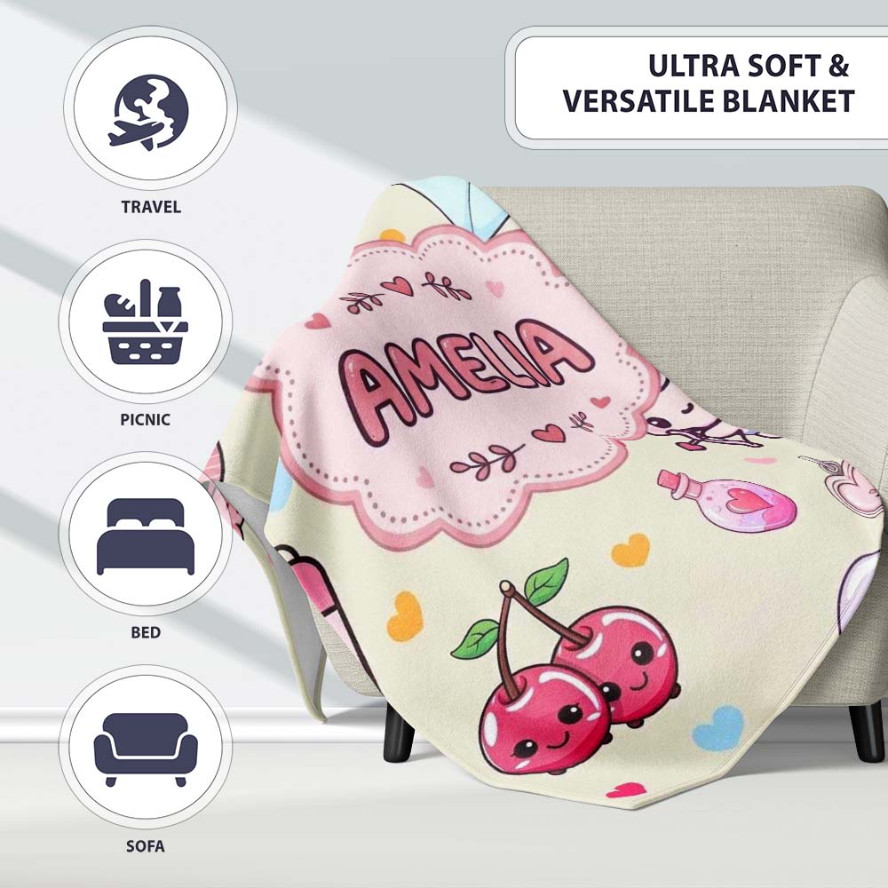 Cute Cupid Angels Hearts Sweets Balloon Love Elements Pattern Beige Personalised Custom Name Super Soft Fleece Blanket Bed Sofa Throw