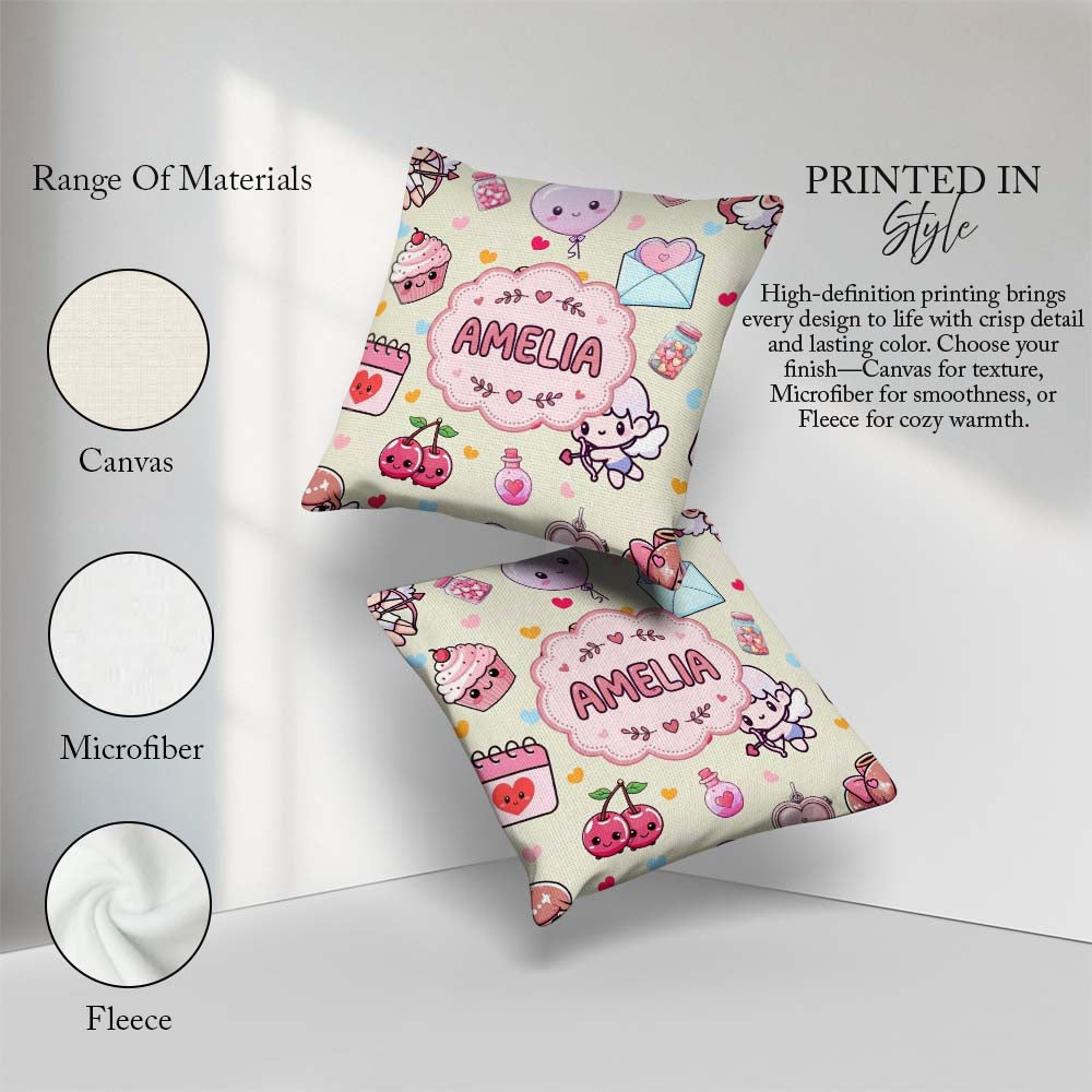 Custom Name Cupid Angels Hearts Sweets Balloon Elements Pattern Square Filled Cushion Throw Pillow Sofa Bed Home Decor Zip Washable UK Made
