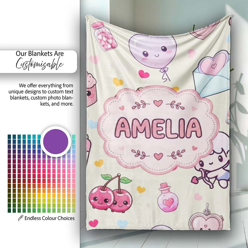 Cute Cupid Angels Hearts Sweets Balloon Love Elements Pattern Beige Personalised Custom Name Super Soft Fleece Blanket Bed Sofa Throw