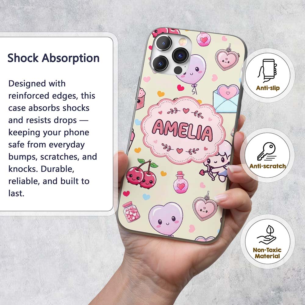 Cute Cupid Angels Hearts Sweets Balloon Love Custom Name Protective Phone Case Mobile Cover Durable Everyday Smartphone Shock Resistant