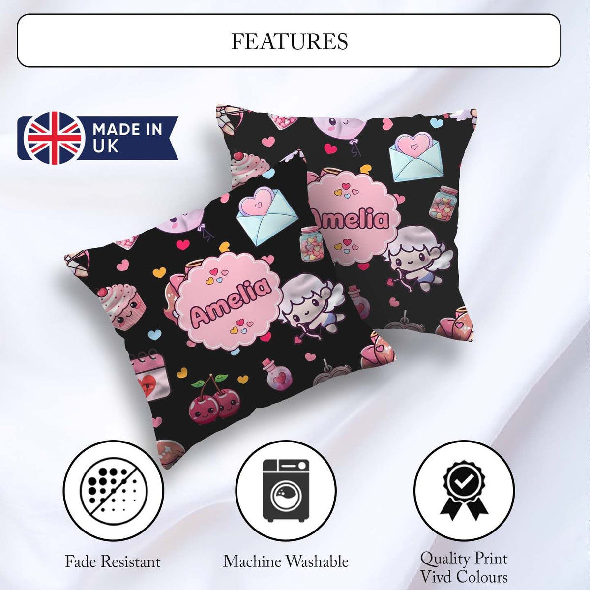 Custom Name Cupid Angels Hearts Sweets Balloon Elements Pattern Square Filled Cushion Throw Pillow Sofa Bed Home Decor Zip Washable UK Made