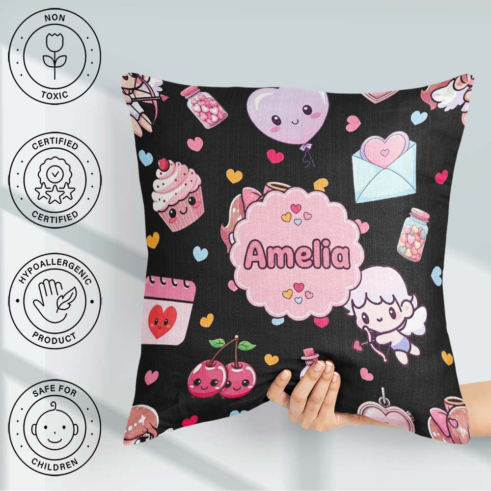Custom Name Cupid Angels Hearts Sweets Balloon Elements Pattern Square Filled Cushion Throw Pillow Sofa Bed Home Decor Zip Washable UK Made
