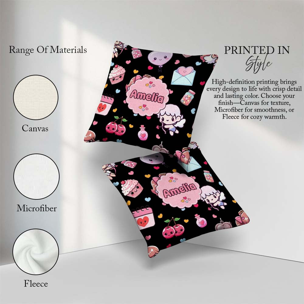 Custom Name Cupid Angels Hearts Sweets Balloon Elements Pattern Square Filled Cushion Throw Pillow Sofa Bed Home Decor Zip Washable UK Made