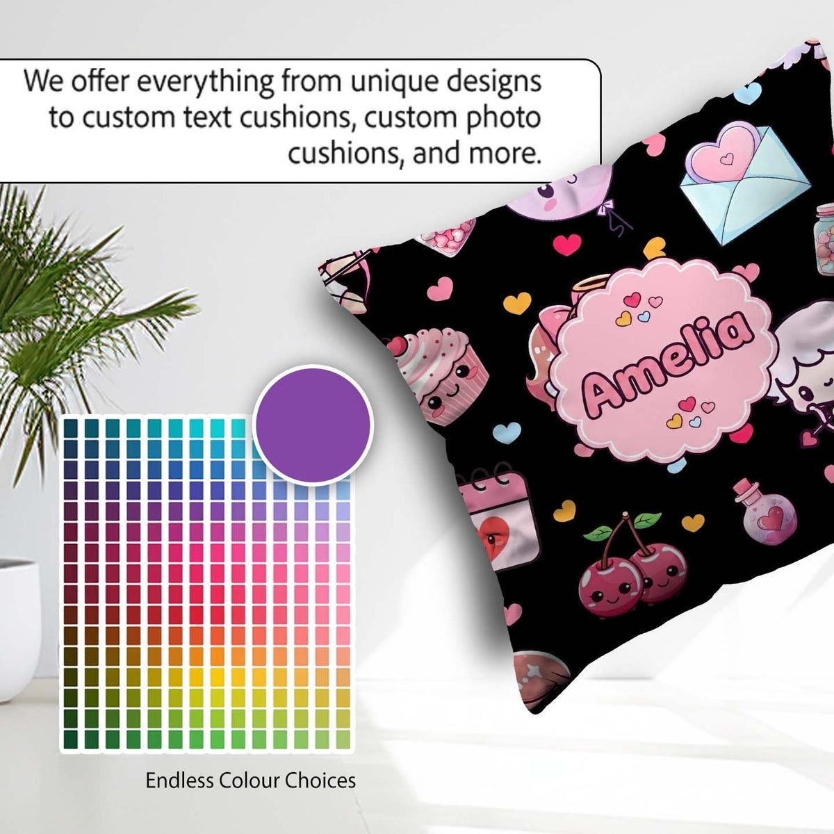 Custom Name Cupid Angels Hearts Sweets Balloon Elements Pattern Square Filled Cushion Throw Pillow Sofa Bed Home Decor Zip Washable UK Made