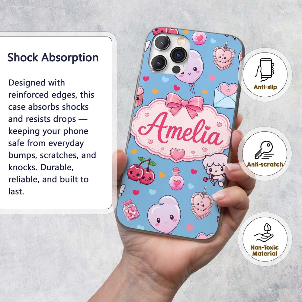 Cute Cupid Angels Hearts Sweets Balloon Love Custom Name Protective Phone Case Mobile Cover Durable Everyday Smartphone Shock Resistant