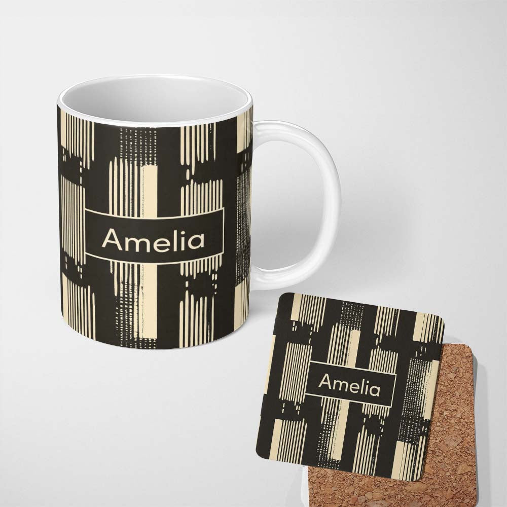 Personalized Custom Name Vertical Stripe Blocks Black Cream Hand Drawn Linear Pattern Lovely 11oz Ceramic Coffee Tea Mug White Large Handle