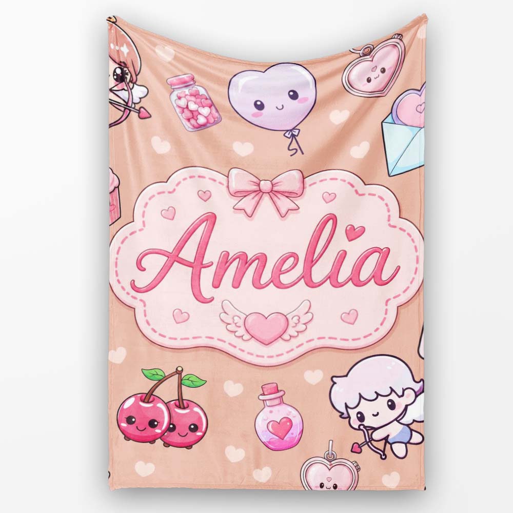 Cute Cupid Angels Hearts Sweets Balloon Love Elements Pattern Peach Personalised Custom Name Super Soft Fleece Blanket Bed Sofa Throw