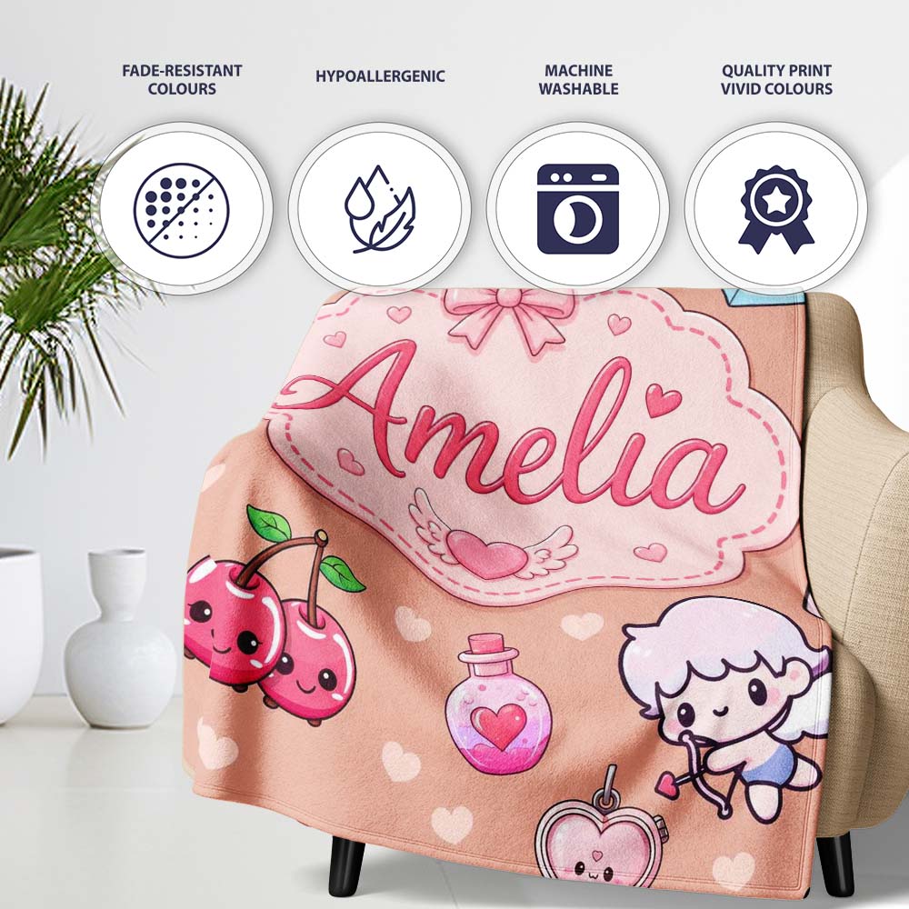 Cute Cupid Angels Hearts Sweets Balloon Love Elements Pattern Peach Personalised Custom Name Super Soft Fleece Blanket Bed Sofa Throw