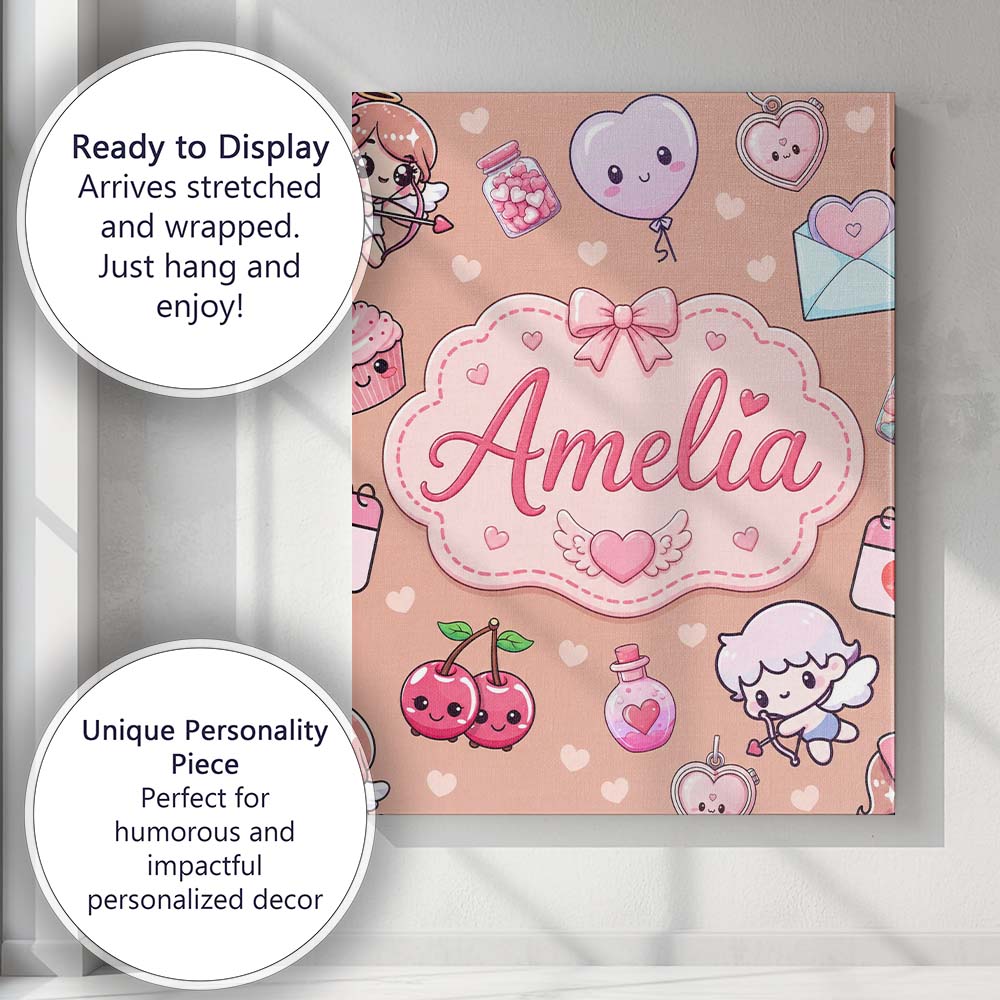 Personalised Name Cute Cupid Angels Hearts Custom Unique Gift Idea Elegant Feature Canvas Wall Art Print Decor Picture Ready to Hang