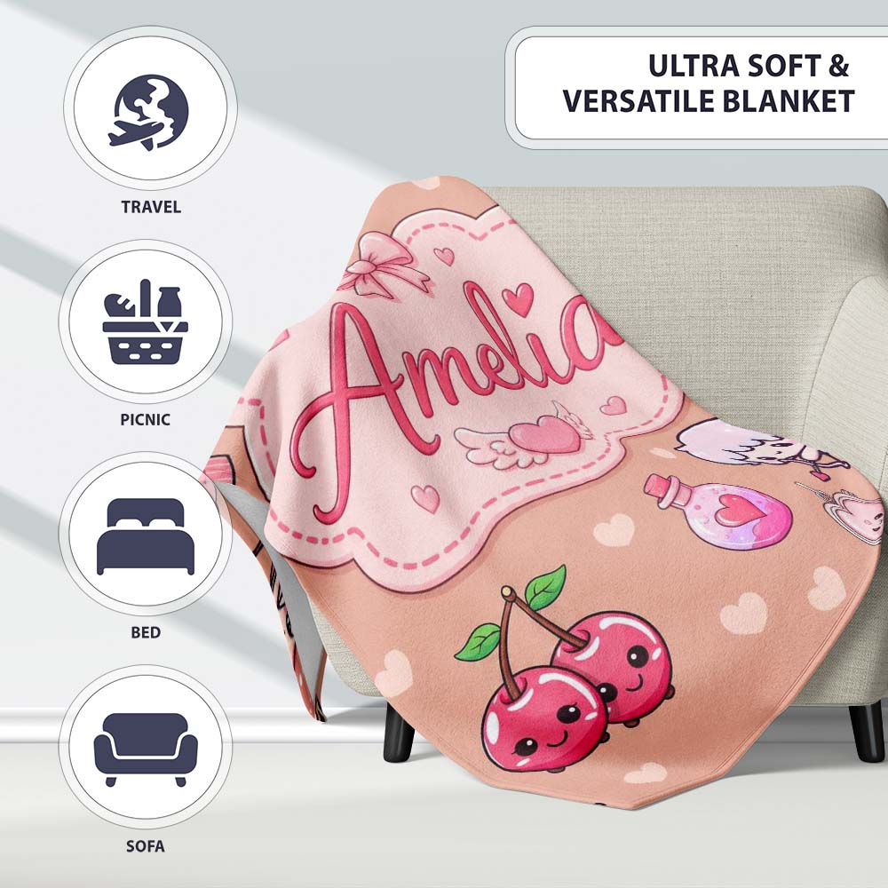 Cute Cupid Angels Hearts Sweets Balloon Love Elements Pattern Peach Personalised Custom Name Super Soft Fleece Blanket Bed Sofa Throw