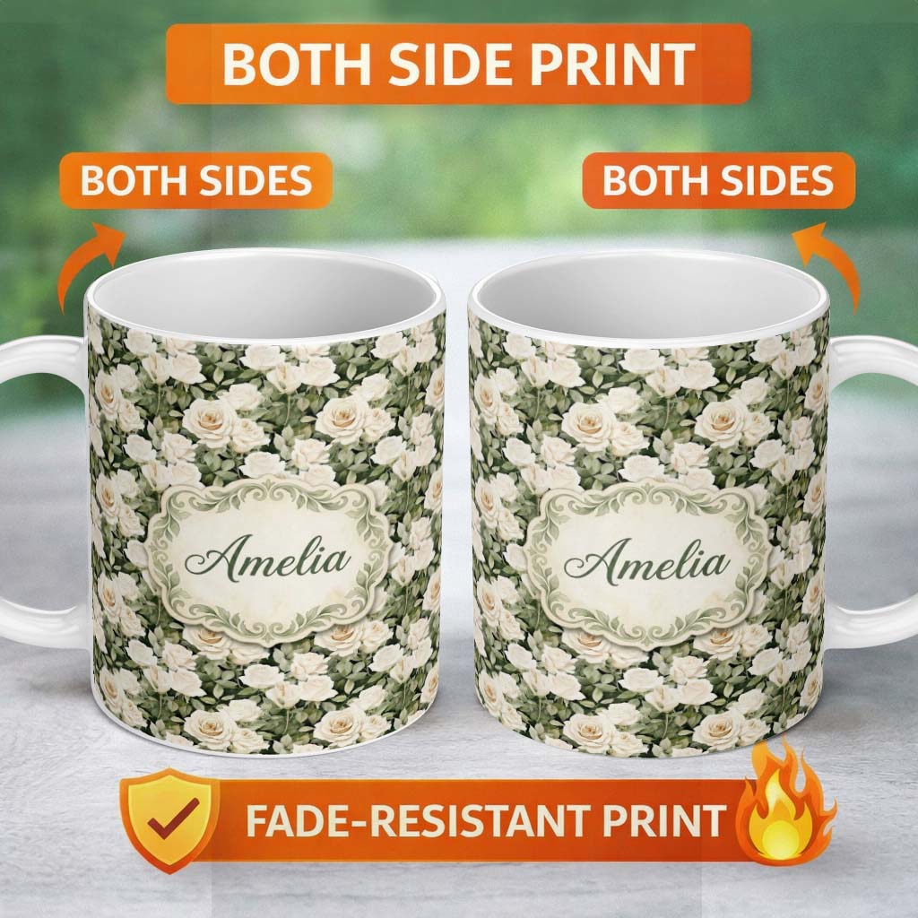 Personalized Custom Name Cream White Roses with Soft Green Foliage Seamless Pattern Lovely 11oz Ceramic Coffee Tea Mug White Large Handle