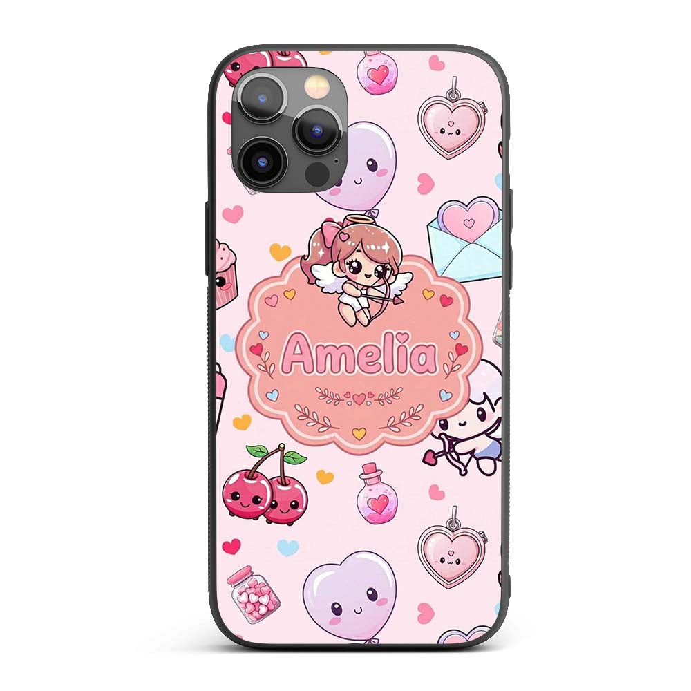 Cute Cupid Angels Hearts Sweets Balloon Love Custom Name Protective Phone Case Mobile Cover Durable Everyday Smartphone Shock Resistant