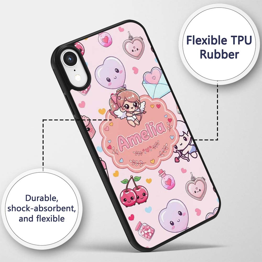 Cute Cupid Angels Hearts Sweets Balloon Love Custom Name Protective Phone Case Mobile Cover Durable Everyday Smartphone Shock Resistant