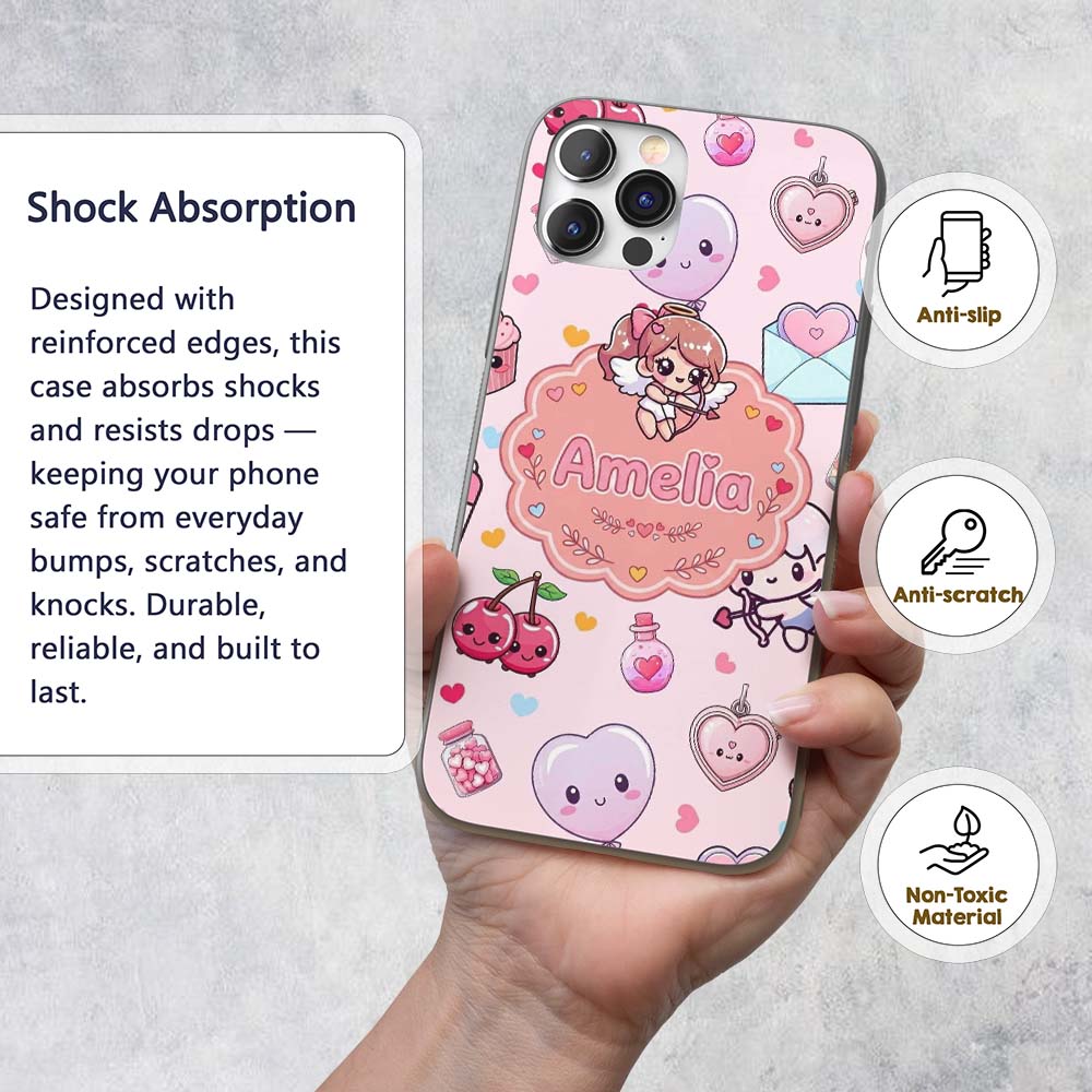Cute Cupid Angels Hearts Sweets Balloon Love Custom Name Protective Phone Case Mobile Cover Durable Everyday Smartphone Shock Resistant