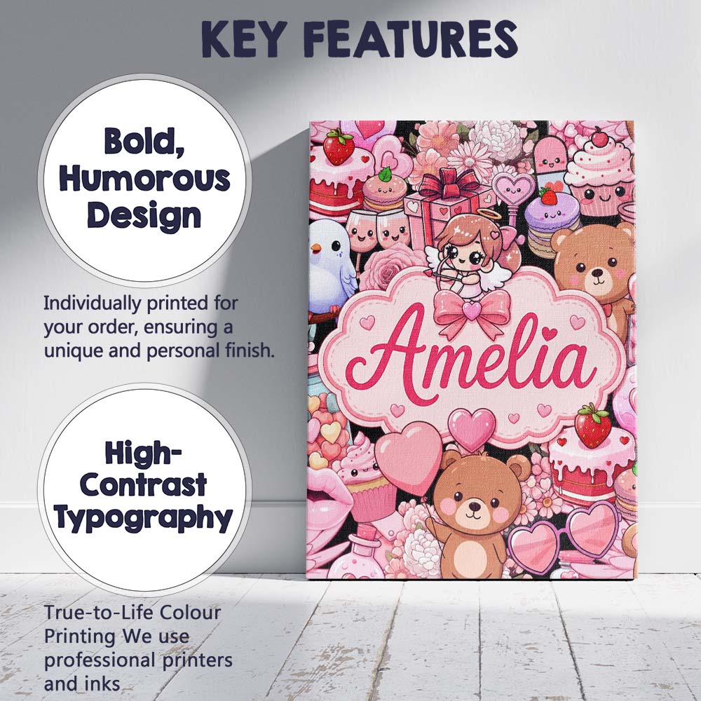 Personalised Name Cute Teddy Bear Cupcake Custom Unique Gift Idea Elegant Feature Canvas Wall Art Print Decor Picture Ready to Hang
