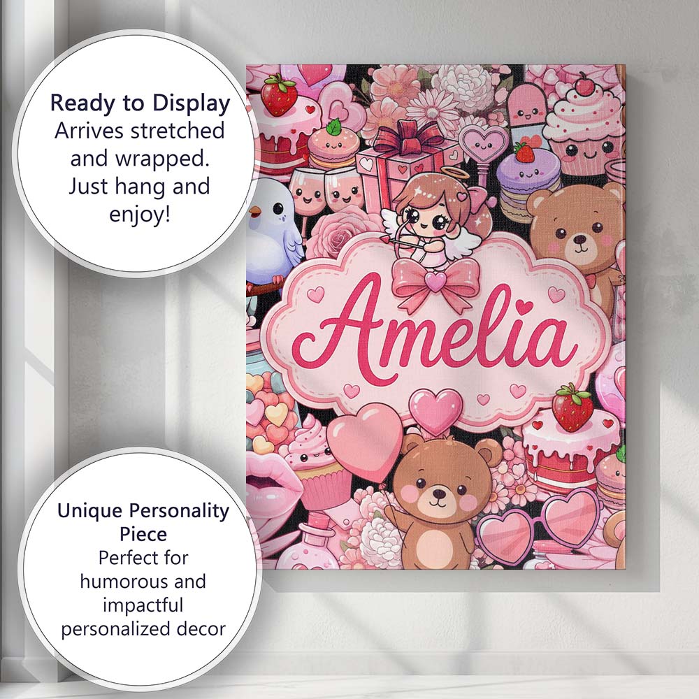Personalised Name Cute Teddy Bear Cupcake Custom Unique Gift Idea Elegant Feature Canvas Wall Art Print Decor Picture Ready to Hang