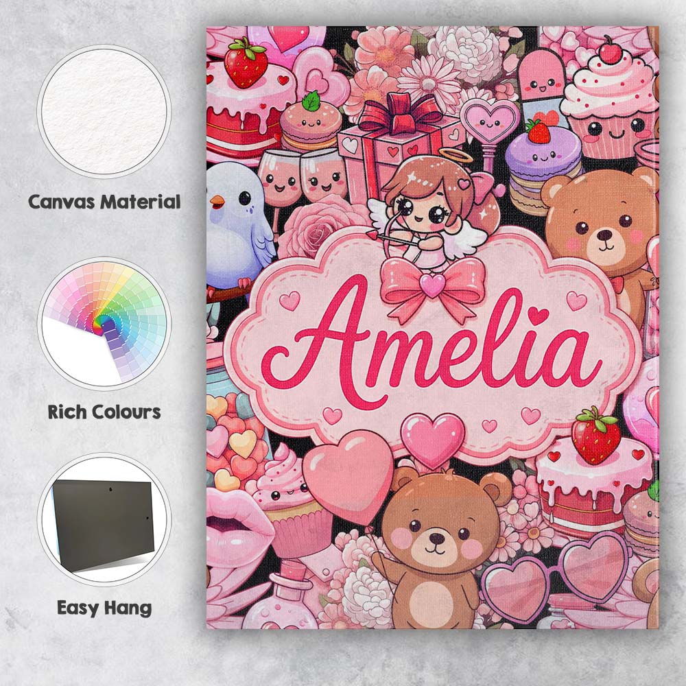 Personalised Name Cute Teddy Bear Cupcake Custom Unique Gift Idea Elegant Feature Canvas Wall Art Print Decor Picture Ready to Hang