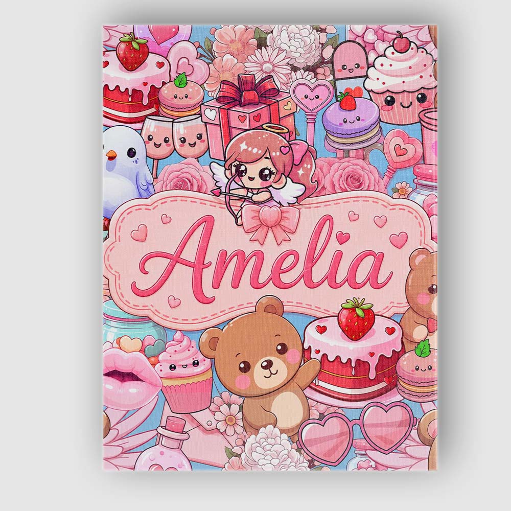 Personalised Name Cute Teddy Bear Cupcake Custom Unique Gift Idea Elegant Feature Canvas Wall Art Print Decor Picture Ready to Hang