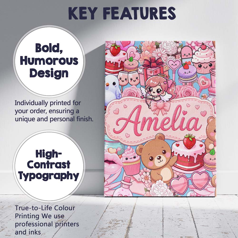 Personalised Name Cute Teddy Bear Cupcake Custom Unique Gift Idea Elegant Feature Canvas Wall Art Print Decor Picture Ready to Hang