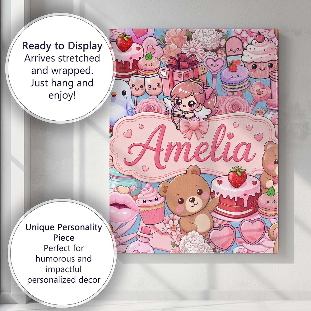 Personalised Name Cute Teddy Bear Cupcake Custom Unique Gift Idea Elegant Feature Canvas Wall Art Print Decor Picture Ready to Hang