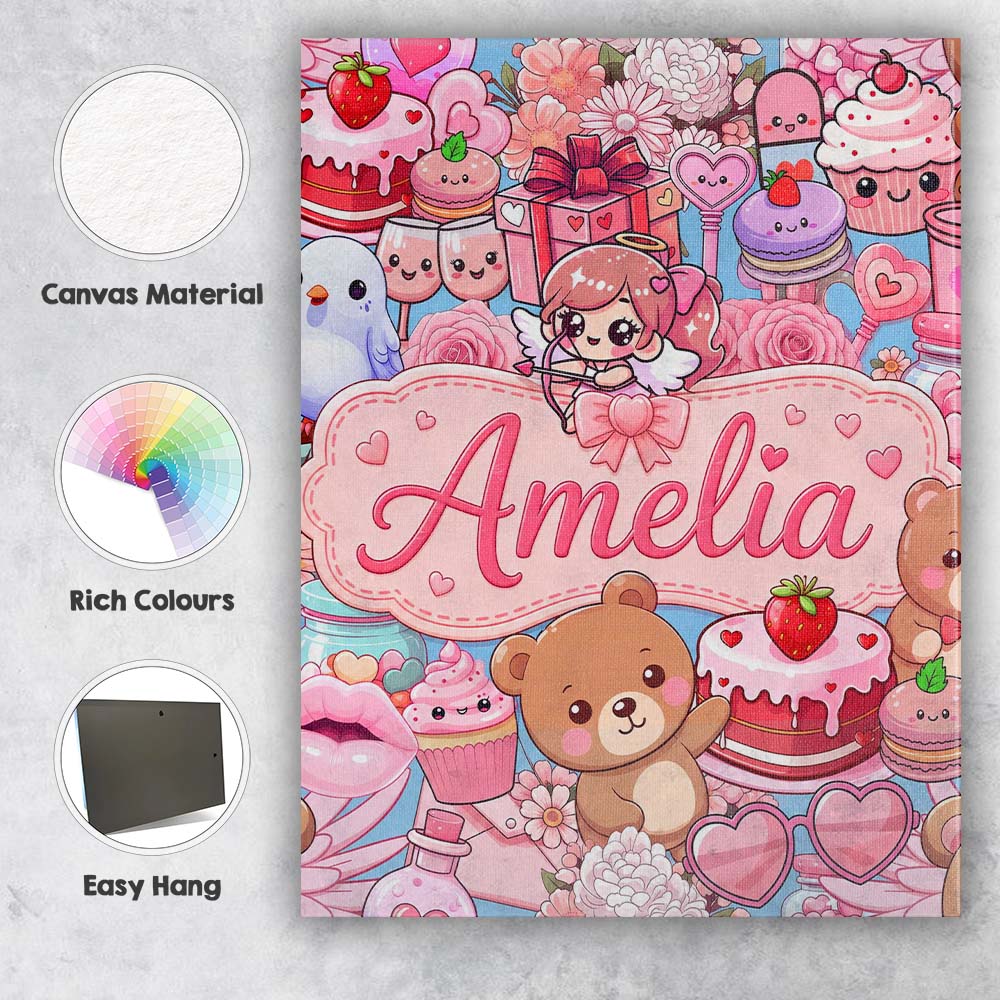 Personalised Name Cute Teddy Bear Cupcake Custom Unique Gift Idea Elegant Feature Canvas Wall Art Print Decor Picture Ready to Hang
