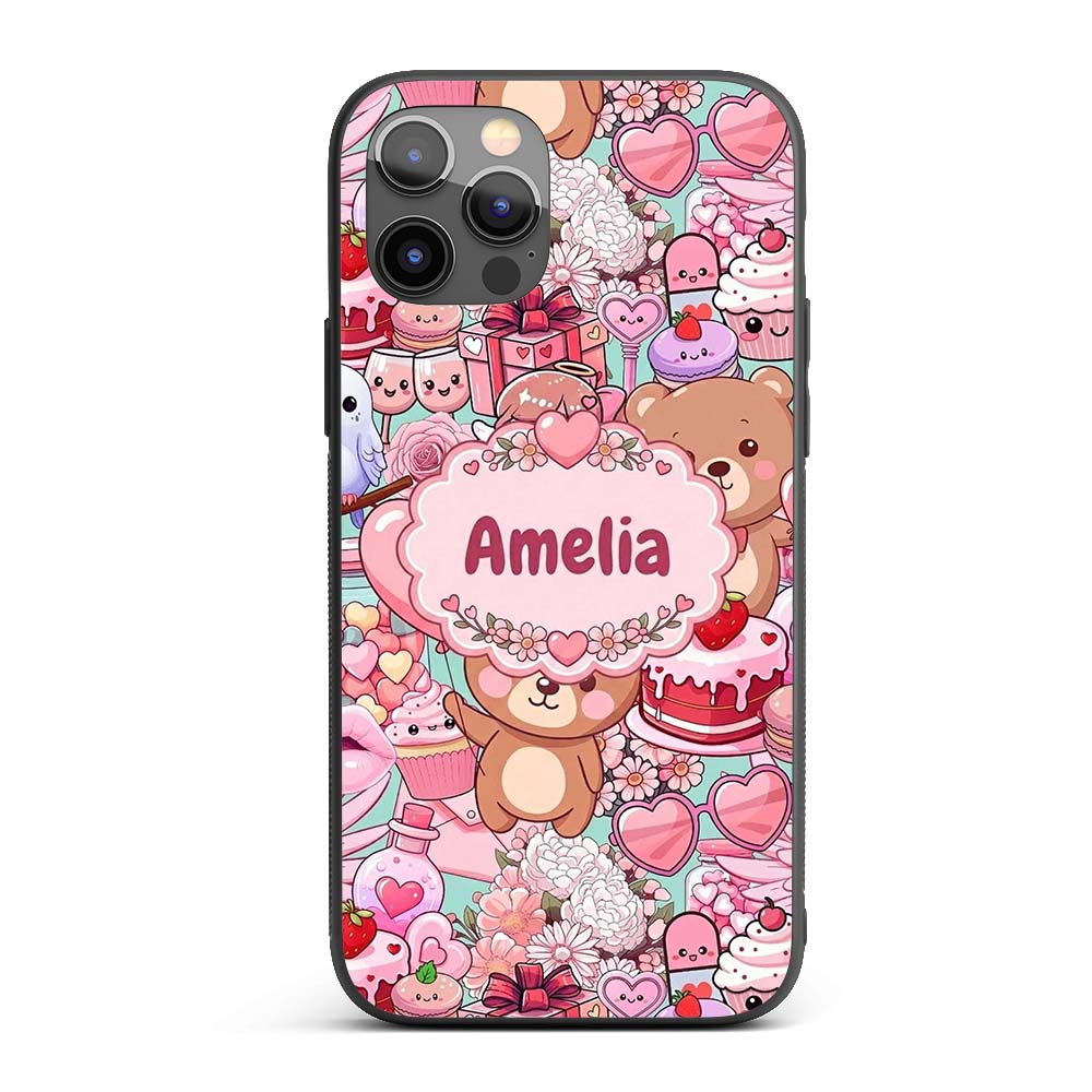 Cute Teddy Bear Cupid Cakes Hearts Printed Design Custom Name Protective Phone Case Mobile Cover Durable Everyday Smartphone Shock Resistant