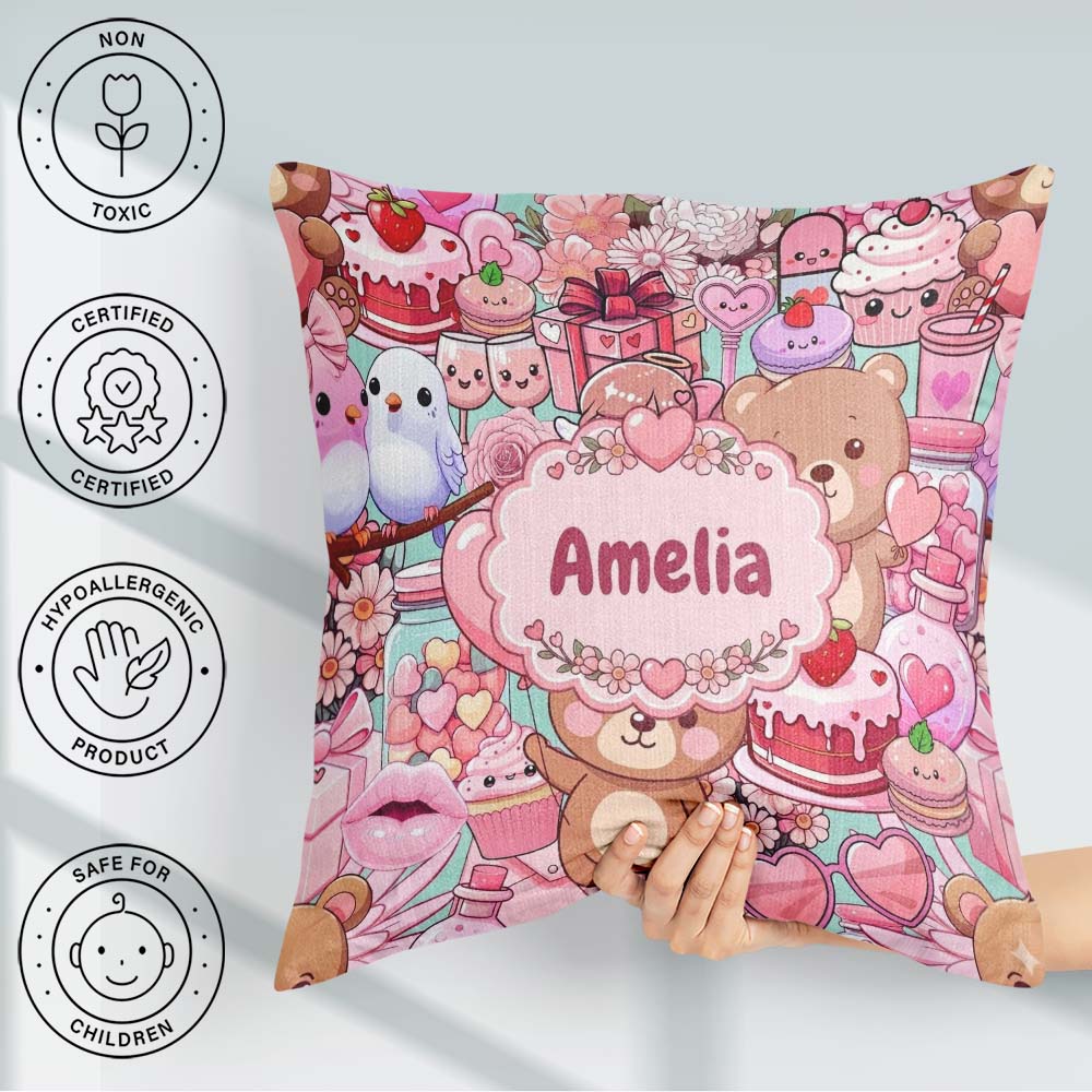 Custom Name Teddy Bear Cupid Cakes Hearts Flowers Valentine Teal Square Filled Cushion Throw Pillow Sofa Bed Home Decor Zip Washable UK Made