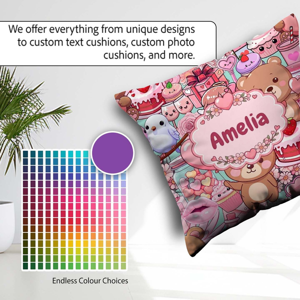Custom Name Teddy Bear Cupid Cakes Hearts Flowers Valentine Teal Square Filled Cushion Throw Pillow Sofa Bed Home Decor Zip Washable UK Made