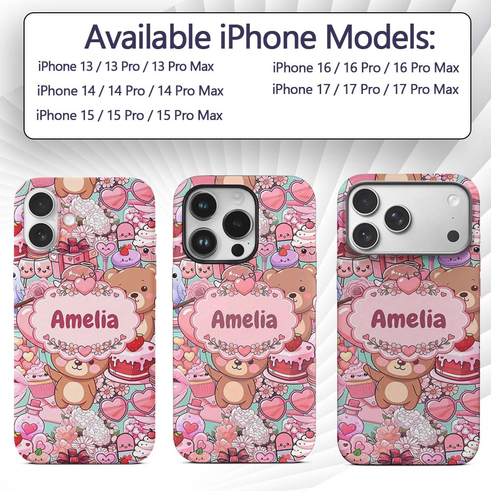 Cute Teddy Bear Cupid Cakes Hearts Printed Design Custom Name Protective Phone Case Mobile Cover Durable Everyday Smartphone Shock Resistant