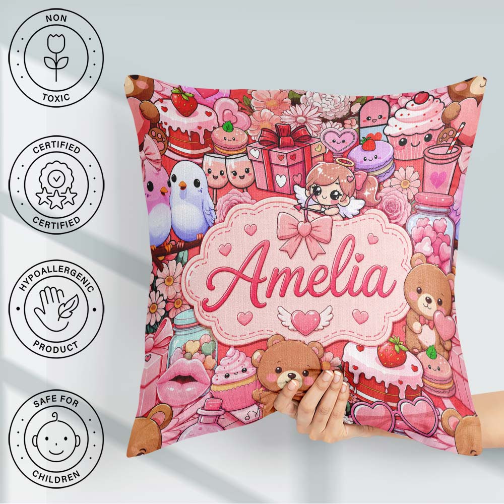 Custom Name Teddy Bear Cupid Hearts Flowers Valentine Kawaii Red Square Filled Cushion Throw Pillow Sofa Bed Home Decor Zip Washable UK Made
