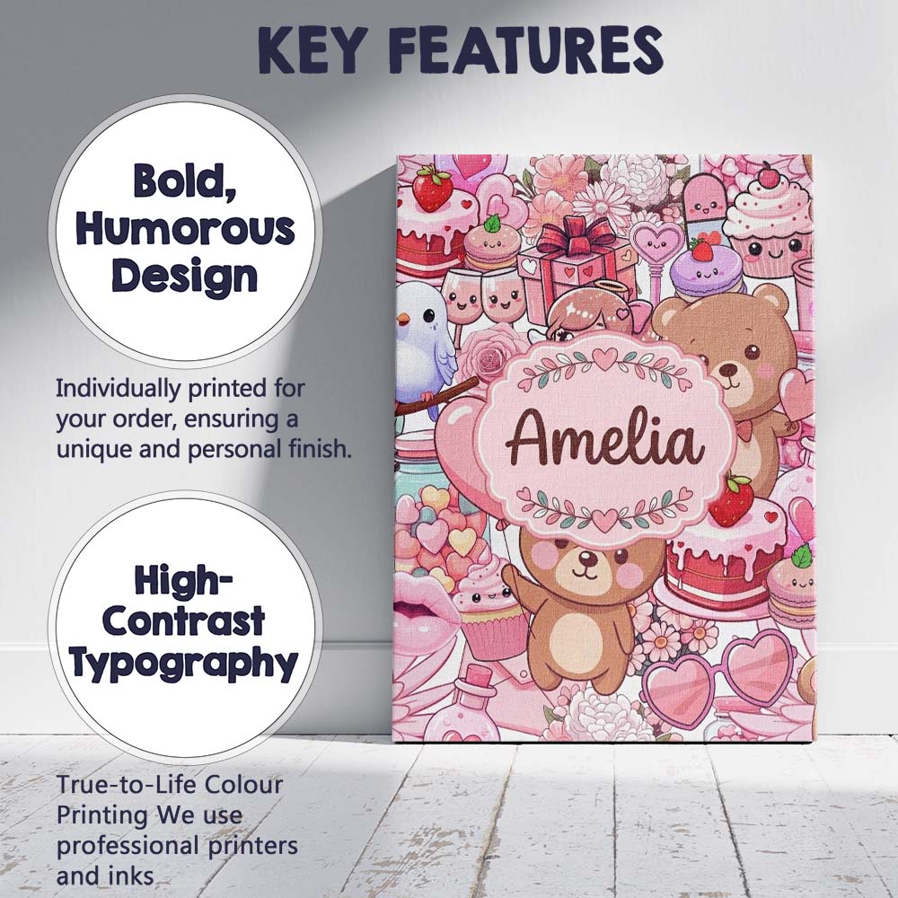 Personalised Name Cute Teddy Bear Cupid Custom Modern Room Accent Elegant Feature Canvas Wall Art Print Decor Picture Ready to Hang