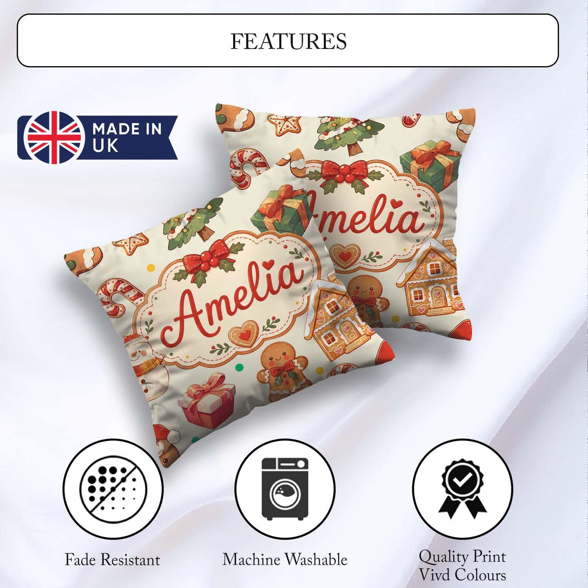 Custom Name Cute Gingerbread Man Christmas Tree Candy Cane Beige Square Filled Cushion Throw Pillow Sofa Bed Home Decor Zip Washable UK Made