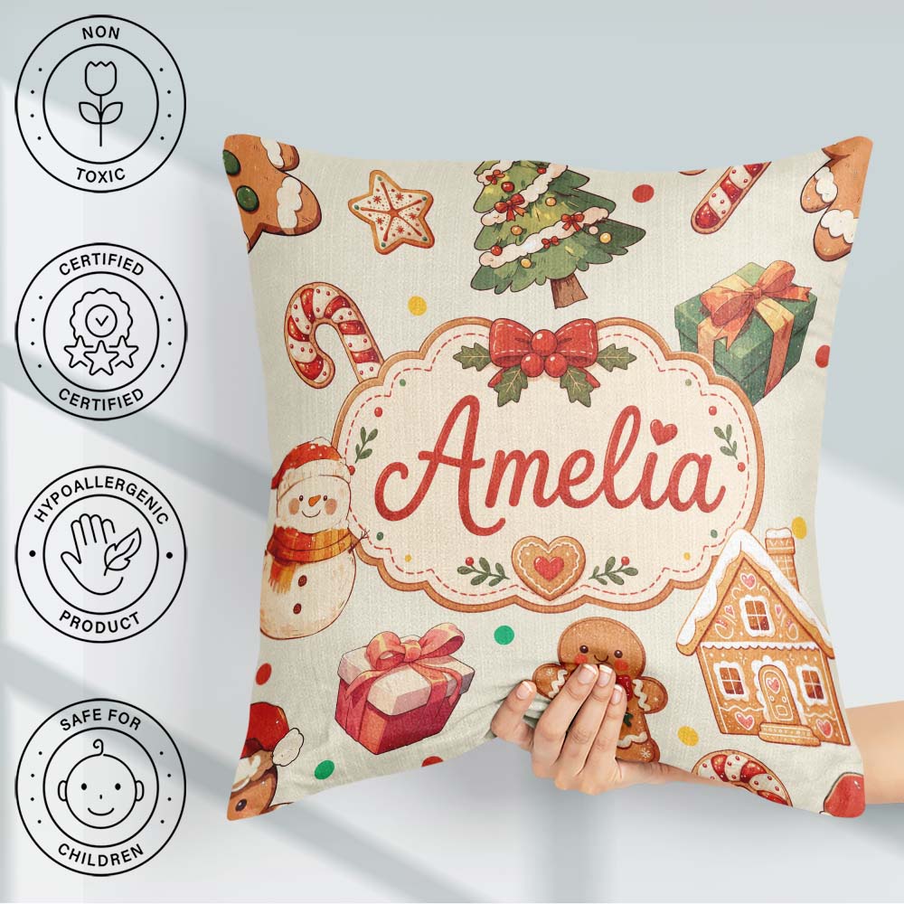 Custom Name Cute Gingerbread Man Christmas Tree Candy Cane Beige Square Filled Cushion Throw Pillow Sofa Bed Home Decor Zip Washable UK Made