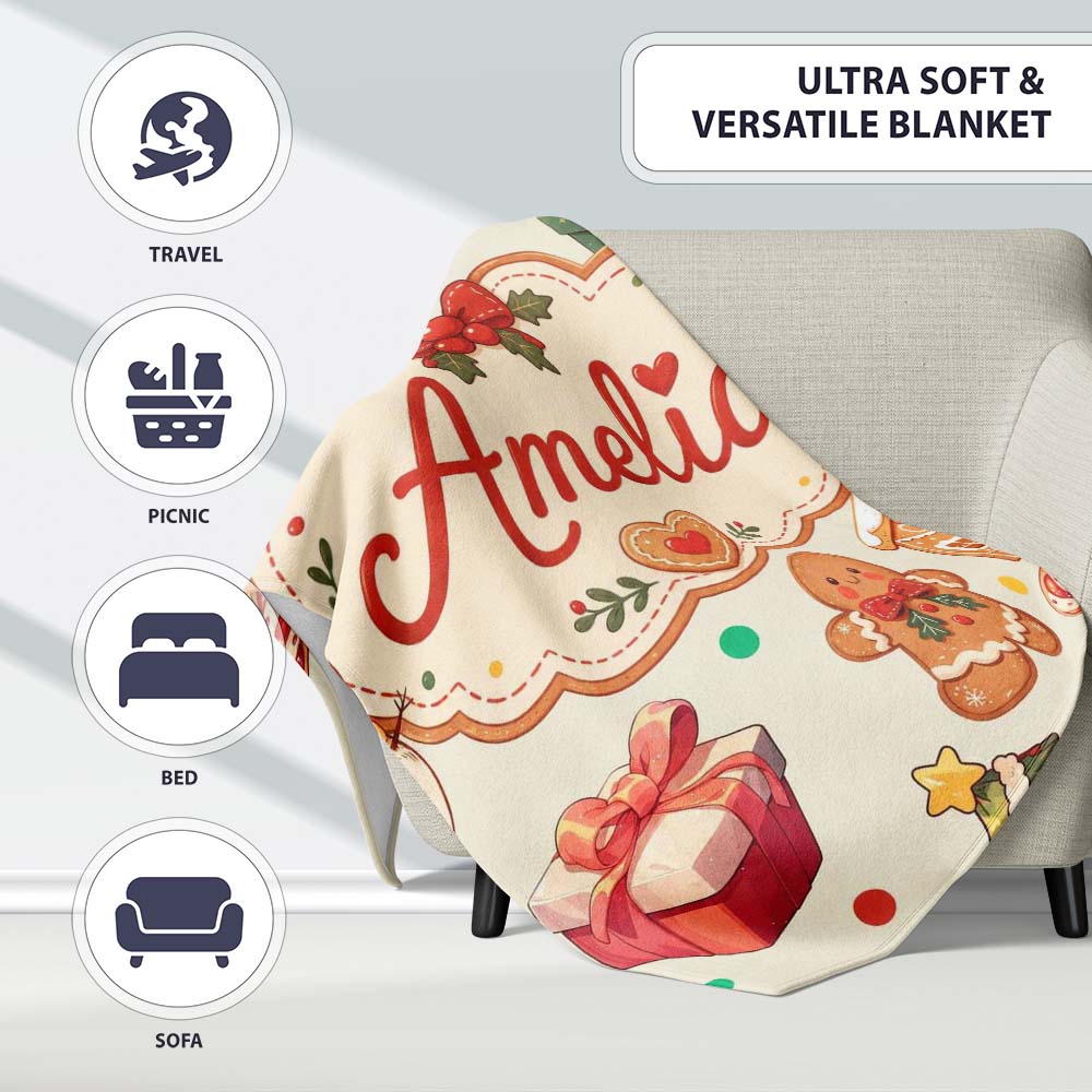 Cute Gingerbread Man Christmas Tree Candy Cane Holiday Beige Lovely Personalised Custom Name Super Soft Fleece Blanket Bed Sofa Throw