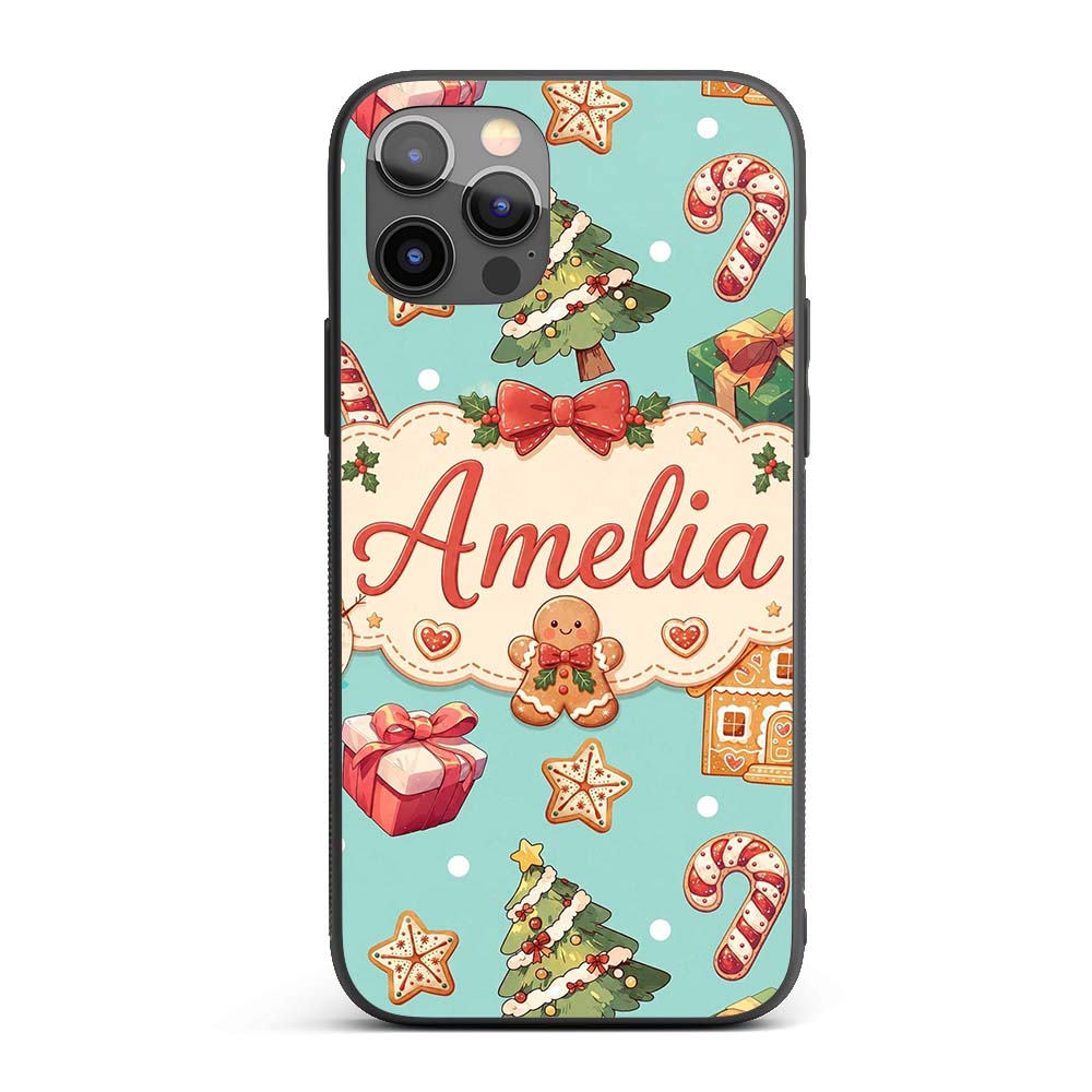 Cute Gingerbread Man Christmas Tree Candy Cane Custom Name Protective Phone Case Mobile Cover Durable Everyday Smartphone Shock Resistant