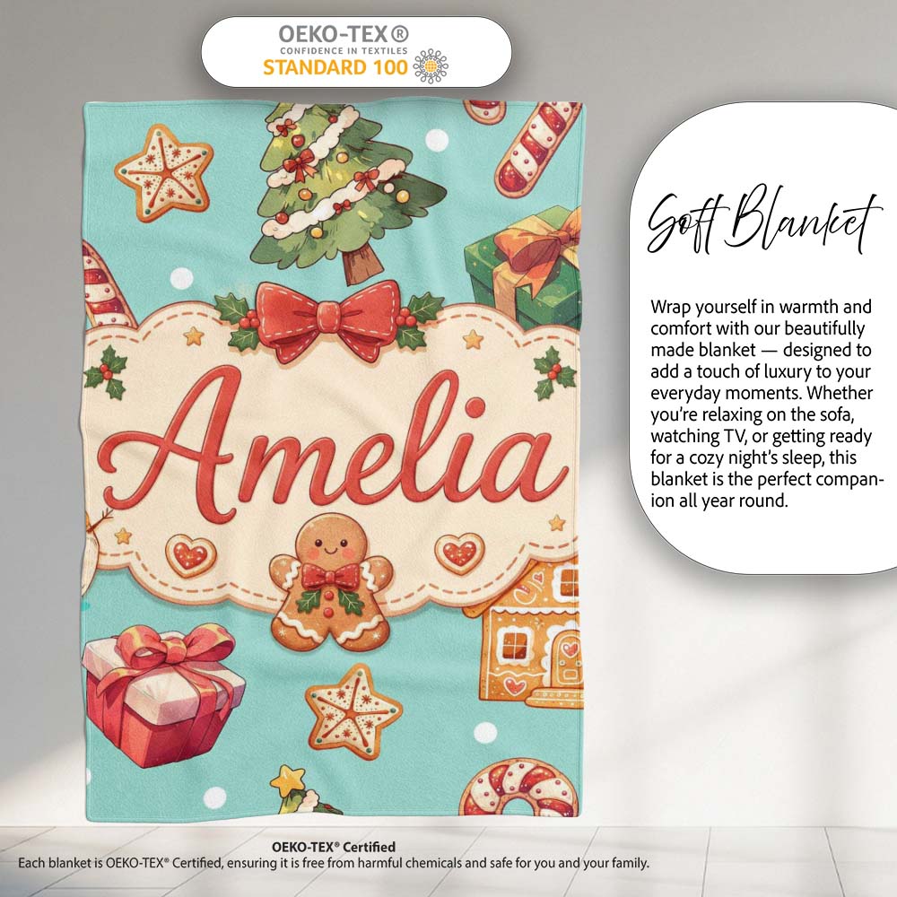 Cute Gingerbread Man Christmas Tree Candy Cane Holiday Pattern Blue Personalised Custom Name Super Soft Fleece Blanket Bed Sofa Throw