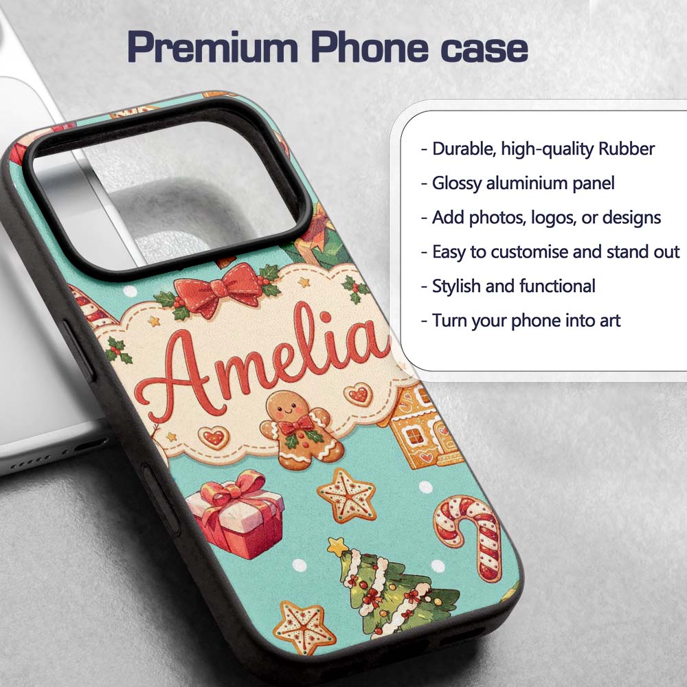 Cute Gingerbread Man Christmas Tree Candy Cane Custom Name Protective Phone Case Mobile Cover Durable Everyday Smartphone Shock Resistant