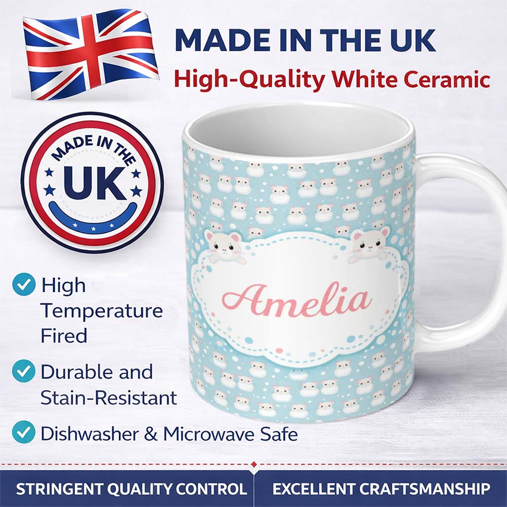 Personalized Custom Name Kawaii White Hamster Blue Background Seamless Pattern Lovely 11oz Ceramic Coffee Tea Mug White Large Handle