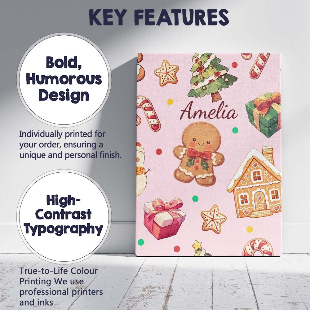 Personalised Name Cute Gingerbread Man Custom Modern Room Accent Elegant Feature Canvas Wall Art Print Decor Picture Ready to Hang