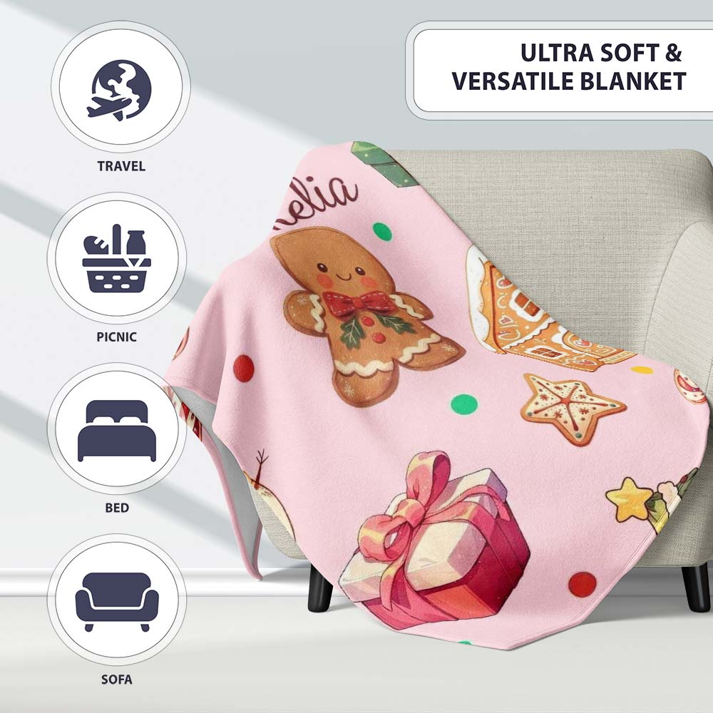 Cute Gingerbread Man Christmas Tree Candy Holiday Pattern Pink Personalised Custom Name Super Soft Fleece Blanket Bed Sofa Throw
