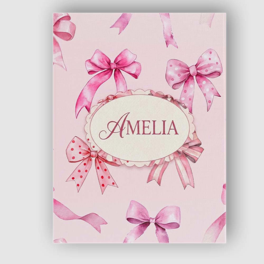 Personalised Name Watercolor Pink Ribbon Bows Soft Blush Background Custom Canvas Wall Art Print Decor Picture Ready to Hang