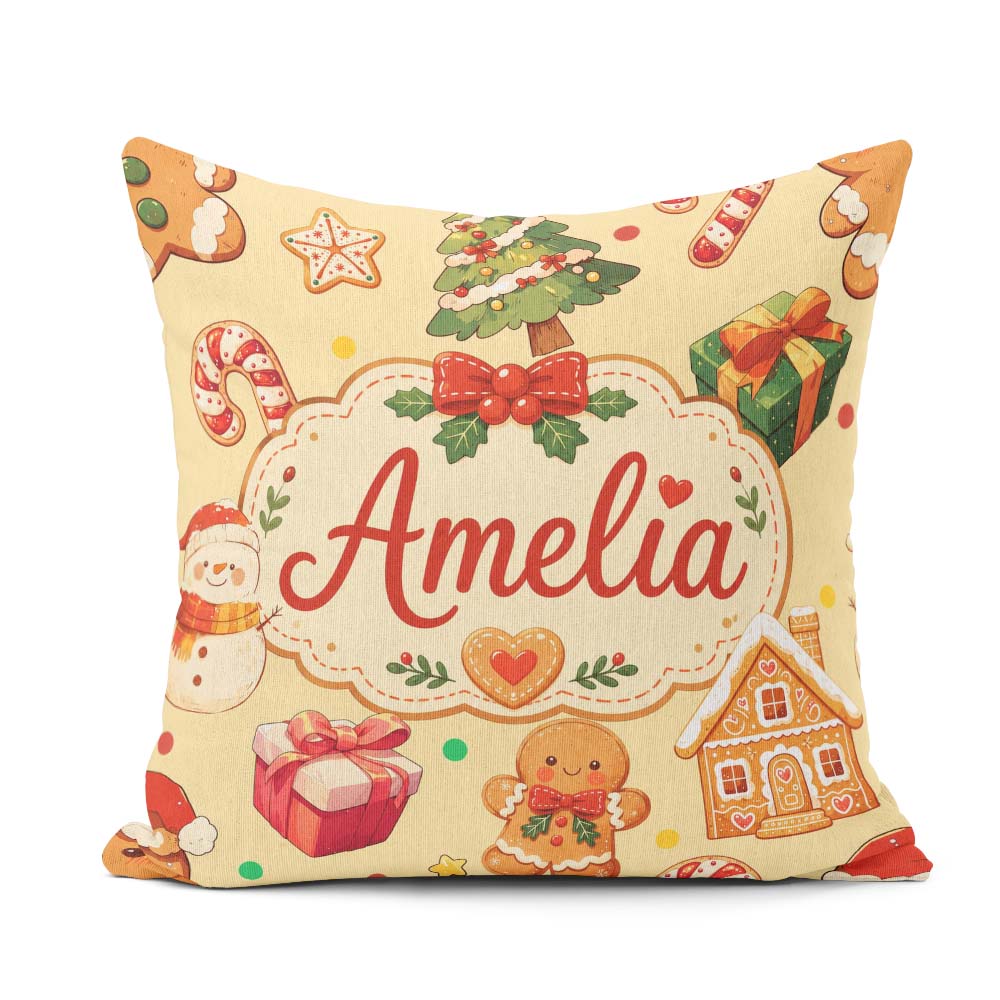 Custom Name Cute Gingerbread Man Tree Candy Cane Holiday Yellow Square Filled Cushion Throw Pillow Sofa Bed Home Decor Zip Washable UK Made