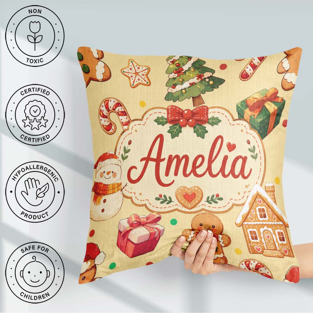 Custom Name Cute Gingerbread Man Tree Candy Cane Holiday Yellow Square Filled Cushion Throw Pillow Sofa Bed Home Decor Zip Washable UK Made